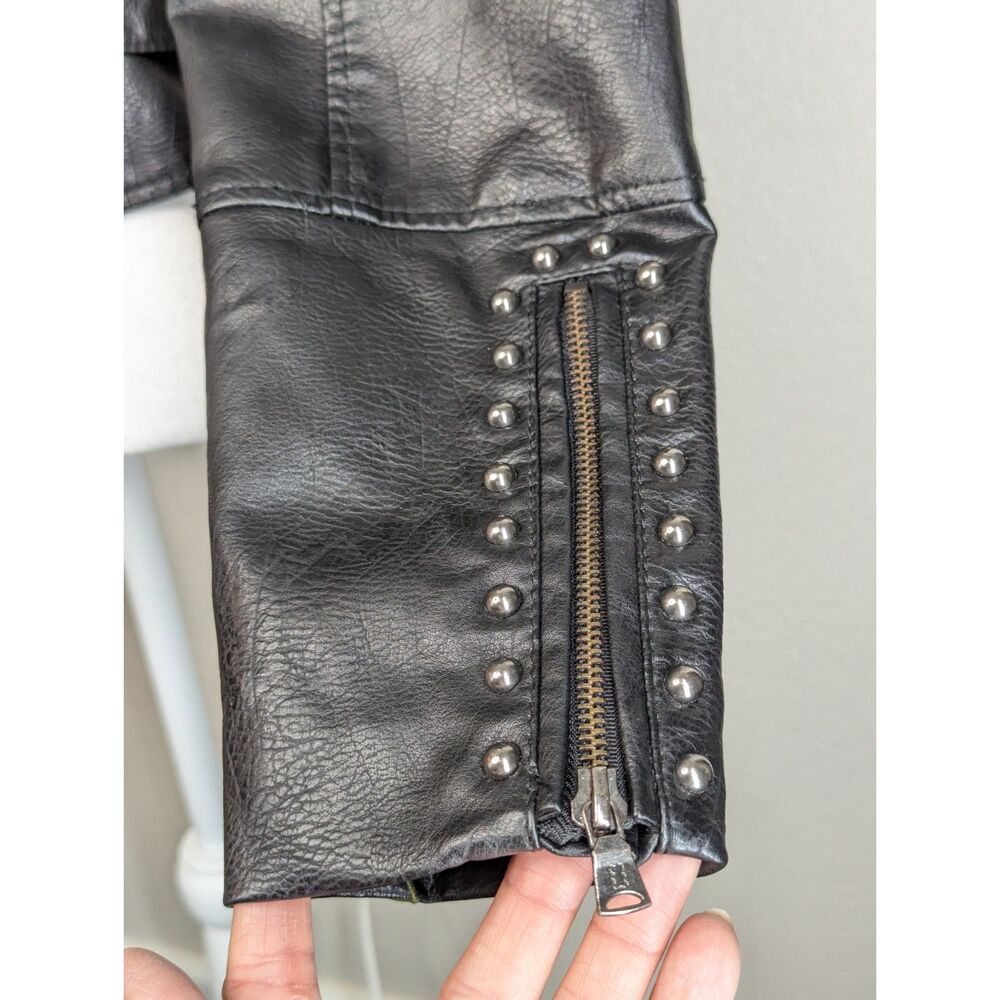 Faux Leather Biker Black Moto Jacket Floral Embroidery FLAWS Unique Approx Sz S - Picture 10 of 16